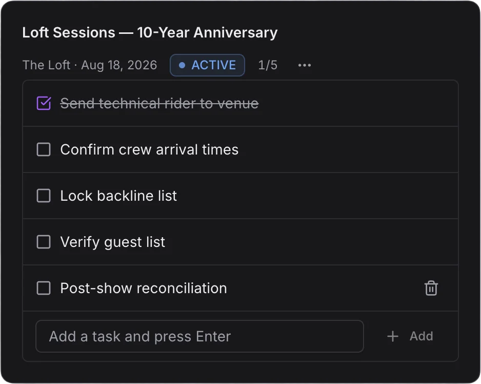 Soundcheck show prep checklist for a gig, with tasks and completion state.